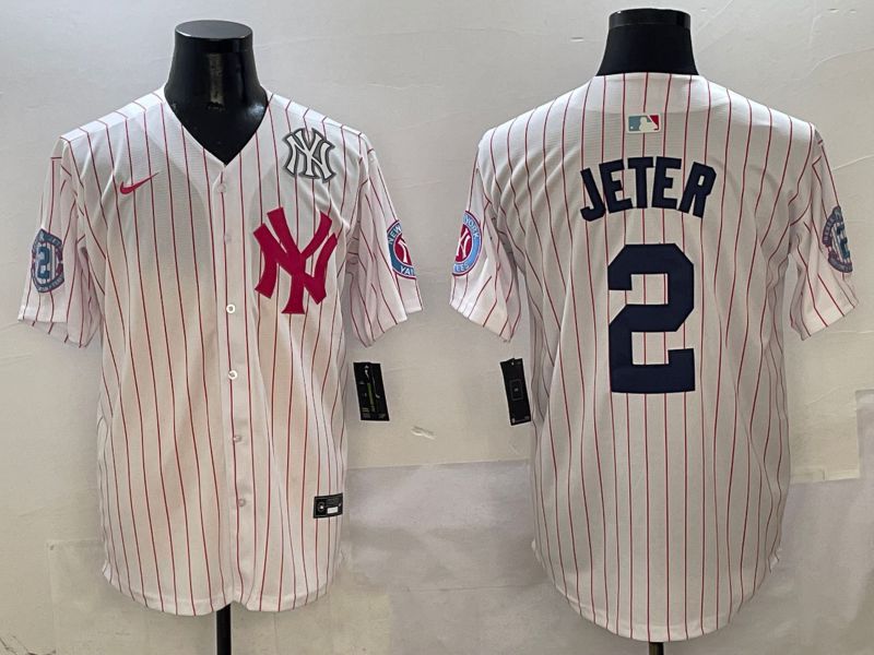 Men New York Yankees #2 Jeter White Stripe Jointly Name Nike 2025 MLB Jersey style 6